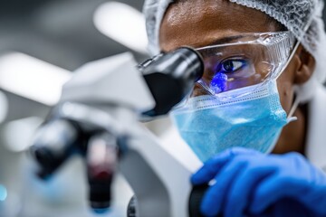 Focused scientist examines samples through a microscope in a modern laboratory setting during the day