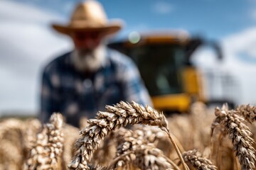 Farmer harvesting wheat in a sunny field with combine harvester in background during late summer