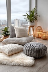Cozy and stylish living room setup with cushions, plants, and soft lighting on a cloudy day