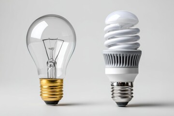 Comparison of traditional incandescent light bulb and modern spiral compact fluorescent lamp