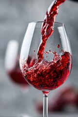 Red wine being poured into a glass with splashes creating a vibrant effect during a gathering or celebration