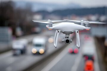Drone flying over a busy highway capturing aerial views of traffic during cloudy weather