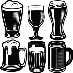 Three Beer Glasses Black and White Vector Icon Set.