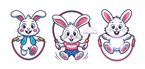 Joyful cartoon bunnies enthusiastically jumping rope in playful poses perfect for children's themes and active lifestyle promotions