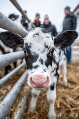 Curious calf approaches visitors while farmers engage nearby in a winter barnyard environment