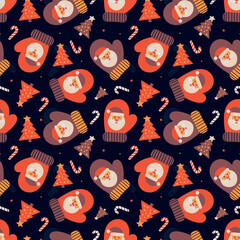 Christmas dark pattern for packaging design, funny mittens, Christmas tree.