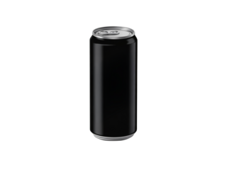 Sleek black aluminum can isolated on transparent background, perfect for showcasing a modern beverage or product design with a minimalist aesthetic