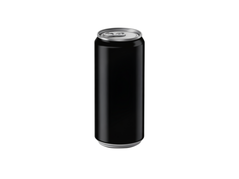 Sleek black aluminum can isolated on transparent background, perfect for showcasing a modern beverage or product design with a minimalist aesthetic
