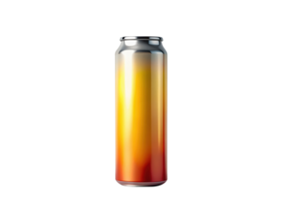 Tall aluminum can with a gradient of orange, yellow, and red isolated on transparent background, perfect for showcasing beverage or product design