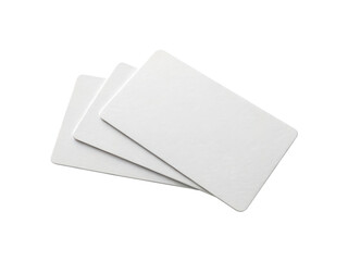 Three blank white business cards isolated on transparent background, ideal for showcasing your brand or design with a minimalist and professional style