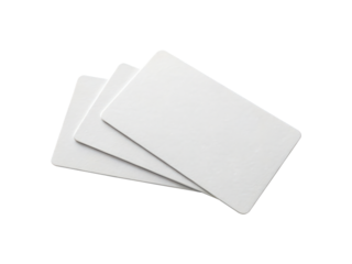 Three blank white business cards isolated on transparent background, ideal for showcasing your brand or design with a minimalist and professional style