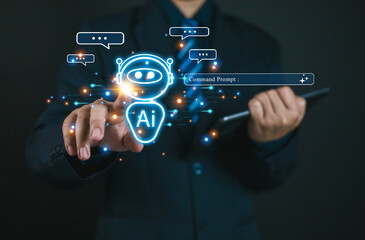 Businessman interacting with AI chatbot hologram on digital interface. Concept of artificial intelligence, virtual assistant, and automation technology for smart communication and innovation.