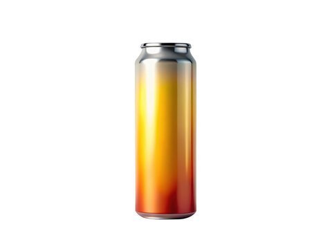 Tall aluminum can with a gradient of orange, yellow, and red isolated on transparent background, perfect for showcasing beverage or product design