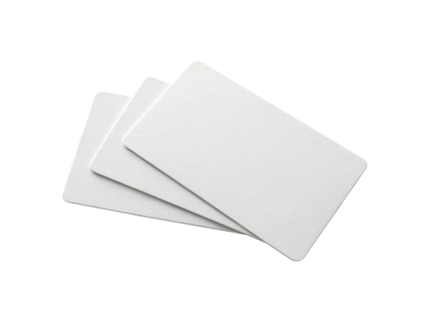 Three blank white business cards isolated on transparent background, ideal for showcasing your brand or design with a minimalist and professional style
