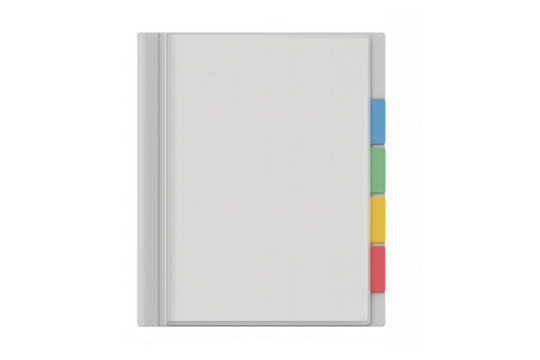 White blank binder folder with colorful tabs for organizing documents and school office supplies on transparent background - Powered by Adobe