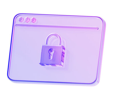 3d glass holographic browser window icon with padlock render. Secure protocol https, safe data transfer, ssl encryption, security certificate of website, safety internet technology