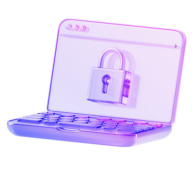 3d glass holographic laptop screen with lock render icon. Privacy, personal data protection concept. Internet cyber security, protect confidential information, computer access secure