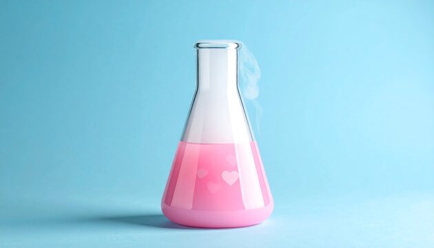 An Erlenmeyer flask containing a pink liquid with floating heart shapes, emitting a wisp of smoke. It's set against a solid light blue backdrop - Powered by Adobe