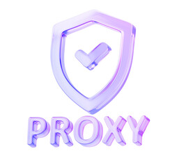 Glass holographic security shield with check mark and proxy server 3d render icon. Hides IP address concept, secure internet access, safe traffic transfer, malware and attack protect