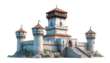 Ancient Stone Castle Fortress With Tall Towers And Flags Under Bright Daylight Sky,clipart, cut out, no background ,PNG die-cut for advertising