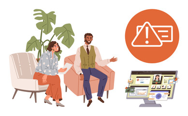 Male and female colleagues discuss solutions near a computer displaying a system alert screen. Ideal for teamwork, cybersecurity, troubleshooting, innovation, IT services, communication, simple flat