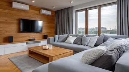 Naklejka premium A chic living room with a sleek sound system, comfy sofa, and views of tall buildings creates a cozy, inviting atmosphere