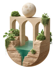 Architectural Arch Bridge With Lush Greenery And A Textured Orb Under Soft Light,clipart, cut out, no background ,PNG die-cut for advertising