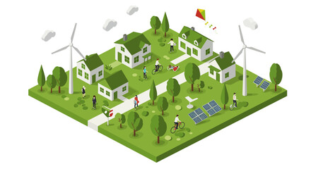 Sustainable community with wind turbines and solar panels in isometric style