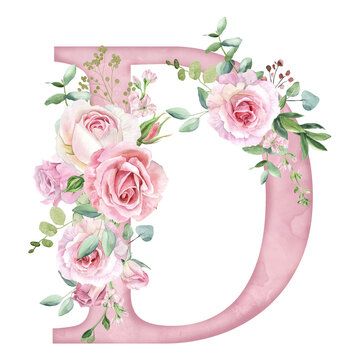 Watercolor pink roses flowers letter D for card design, initials, monogram print.