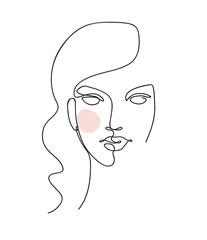 Beautiful girl face. Attractive young woman portrait female beauty concept. Continuous line drawing. Black and white illustration