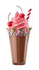 Pink Soft Serve Ice Cream Milkshake Chocolate Drink Garnished with Cherries and Flowers,clipart, cut out, no background ,PNG die-cut for advertising