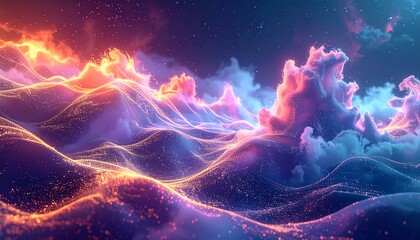 Abstract, colorful, dreamlike landscape with wavy lines of light against a background of glowing clouds and a starry night sky