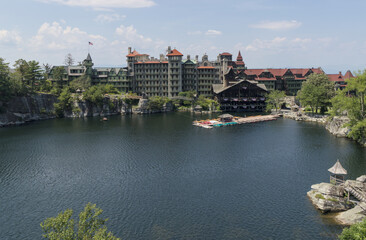 scenic landscape view in mohonk preserve with mountain vista hotel house shawangunk mountains lake (hike hiking trail gunks) famous tourist destination summer hudson valley new york paltz upstate