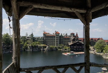 scenic landscape view in mohonk preserve with mountain vista hotel house shawangunk mountains lake (hike hiking trail gunks) famous tourist destination summer hudson valley new york paltz upstate