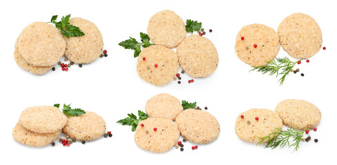 Uncooked patties and spices isolated on white, collage. Top and side view