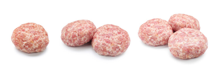 Fresh uncooked patties isolated on white, collage