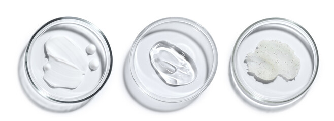 Petri dishes with cosmetic products on white background, top view