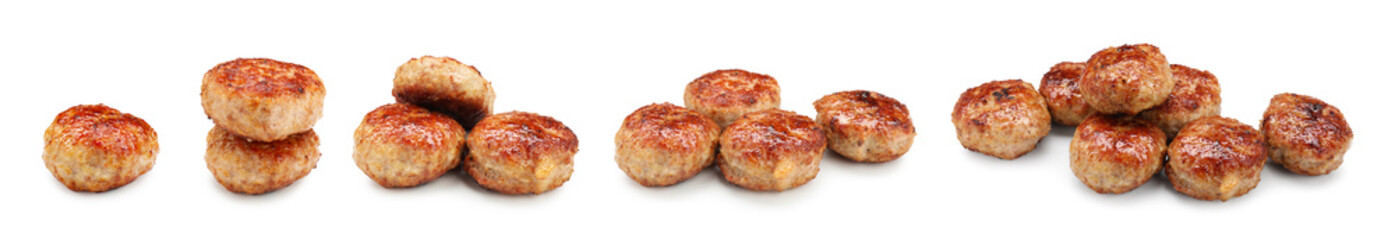 Yummy fried patties isolated on white, collage