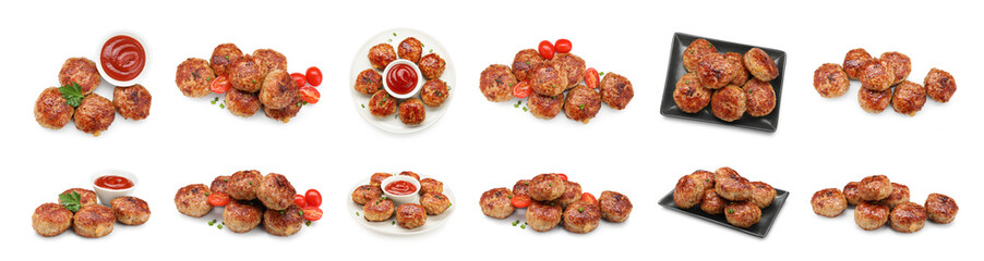 Yummy fried patties isolated on white, collage. Top and side view