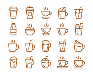 Collection of coffee and beverage icons for menu and branding simple line art style vector