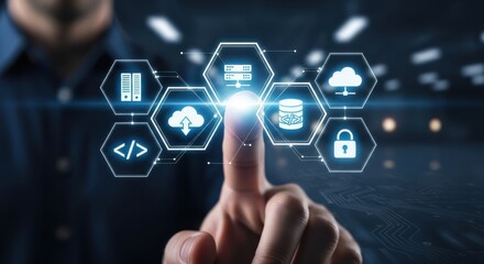 Digital transformation concept with futuristic technology interface showing cloud computing data storage security and coding icons interacting