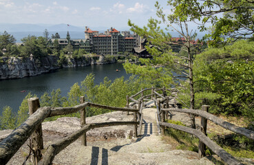 scenic landscape view in mohonk preserve with mountain vista hotel house shawangunk mountains lake (hike hiking trail gunks) famous tourist destination summer hudson valley new york paltz upstate