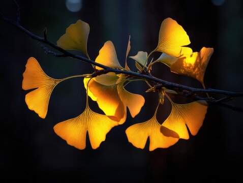 Ginkgo leaves glowing in golden light on a branch against a dark background close up nature photography