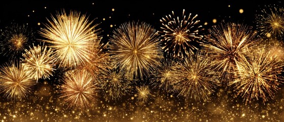 Naklejka premium Golden Fireworks Exploding in the Night Sky Celebration Festive Background Abstract Art Style Holiday Display New Year's Eve
