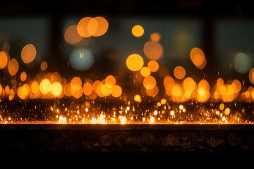 Abstract Bokeh of Golden Sparks Rising from a Dark Surface in a Night Scene Close Up View