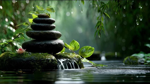 Zen basalt stones and a lotus flower in a pond during a gentle rain, symbolizing balance and calm