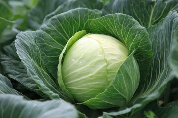 Fototapeta premium Close up of a Fresh Cabbage Head Growing in a Garden Patch with Large Green Leaves and Water Droplets Overhead View Healthy Eating Farm to Table