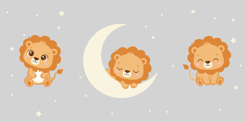 Cute baby lion trio with moon and stars on soft gray background
