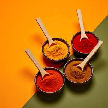 Vibrant spice bowls with wooden spoons on colorful textured surface overhead view