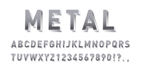 Silver text effect. Vector realistic set with shiny metallic letters, numbers, symbols, metal alphabet. Luxury metallic typographic abc for emblem, logo, credit cards. Vector typeface for web design